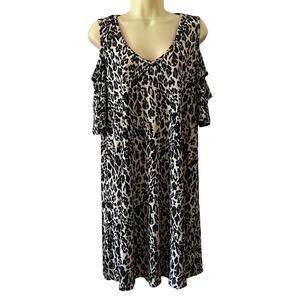 Luxology Cheetah Print Knit Cold Shoulder Dress Woman Size Medium Swing Flowy